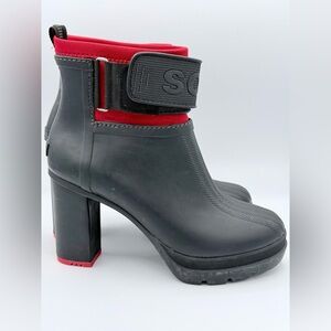 Sorel Medina Iii Heeled Rain Boot Black Red Block Chunky Heel Women's Size 9